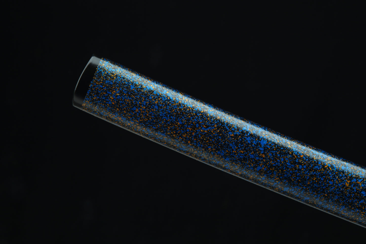Blue-green-gold marblized wooden saya of Sōō katana with navy blue cord wrapping and traditional lacquered finish