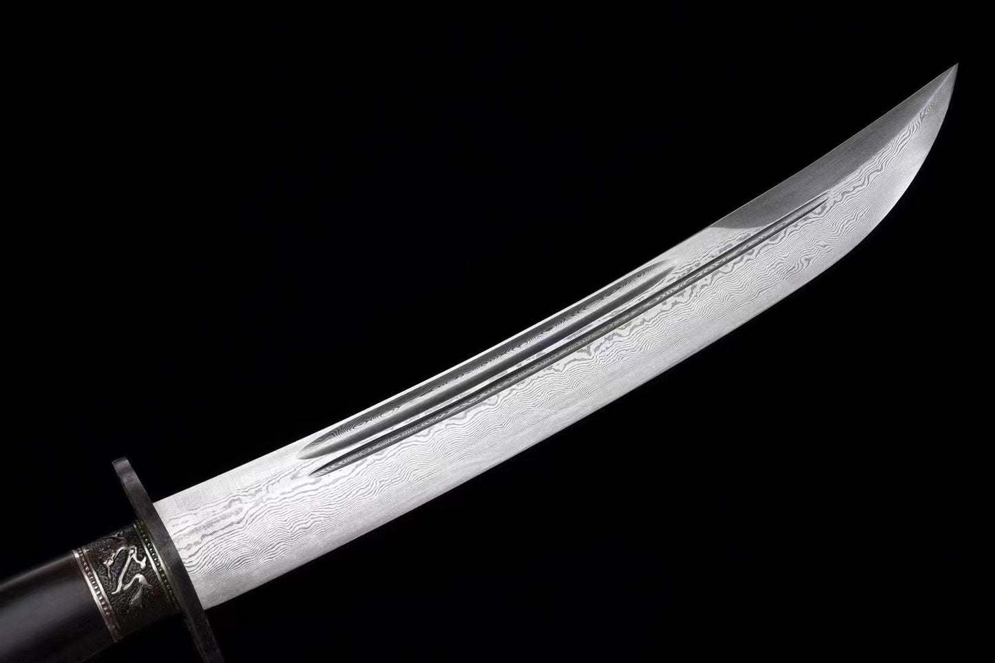 Chinese Damascus Steel Dao – Qing Dynasty Sword with Bronze Guard & Ebony Scabbard
