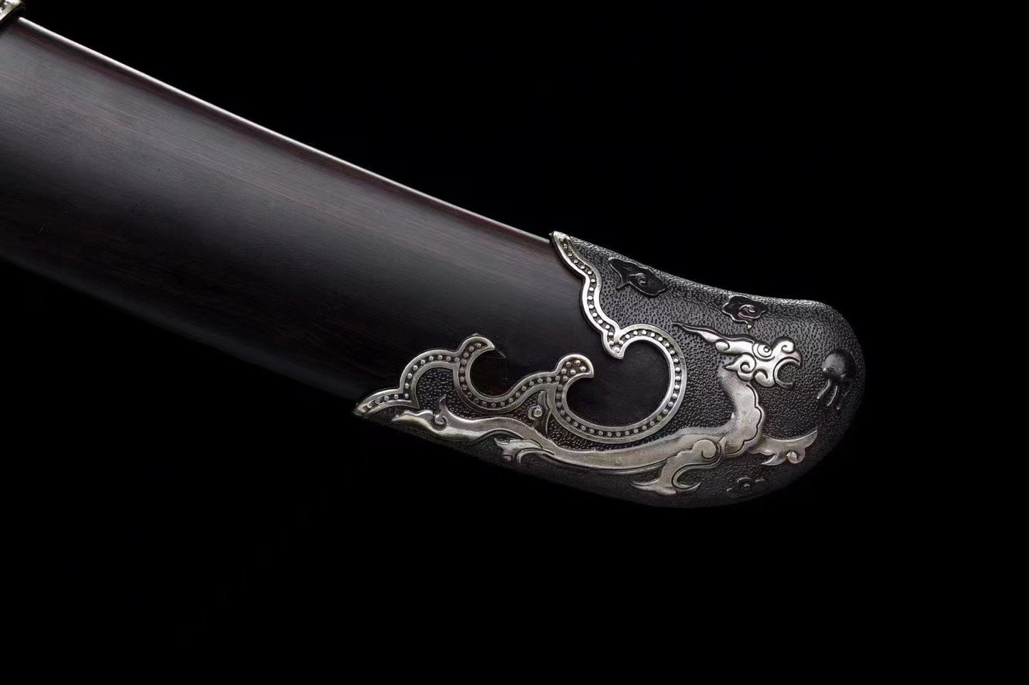 Chinese Damascus Steel Dao – Qing Dynasty Sword with Bronze Guard & Ebony Scabbard