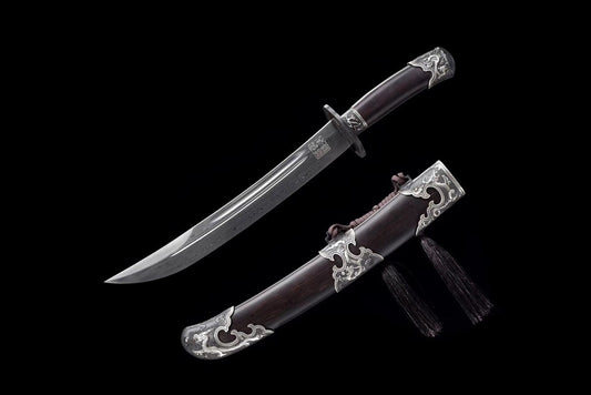 Chinese Damascus Steel Dao – Qing Dynasty Sword with Bronze Guard & Ebony Scabbard