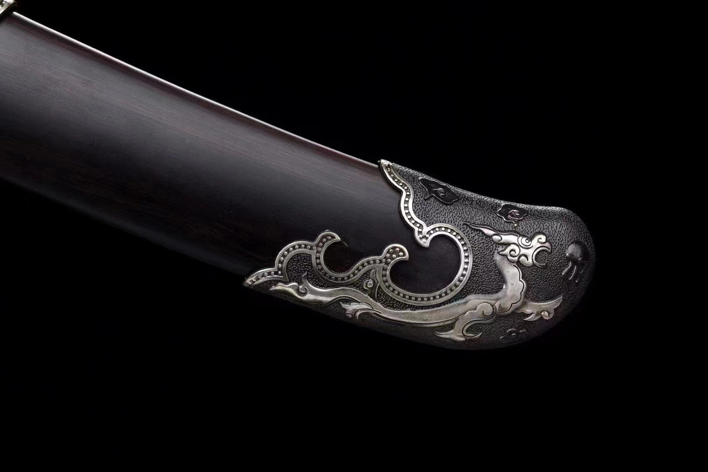 Chinese Damascus Steel Dao – Qing Dynasty Sword with Bronze Guard & Ebony Scabbard