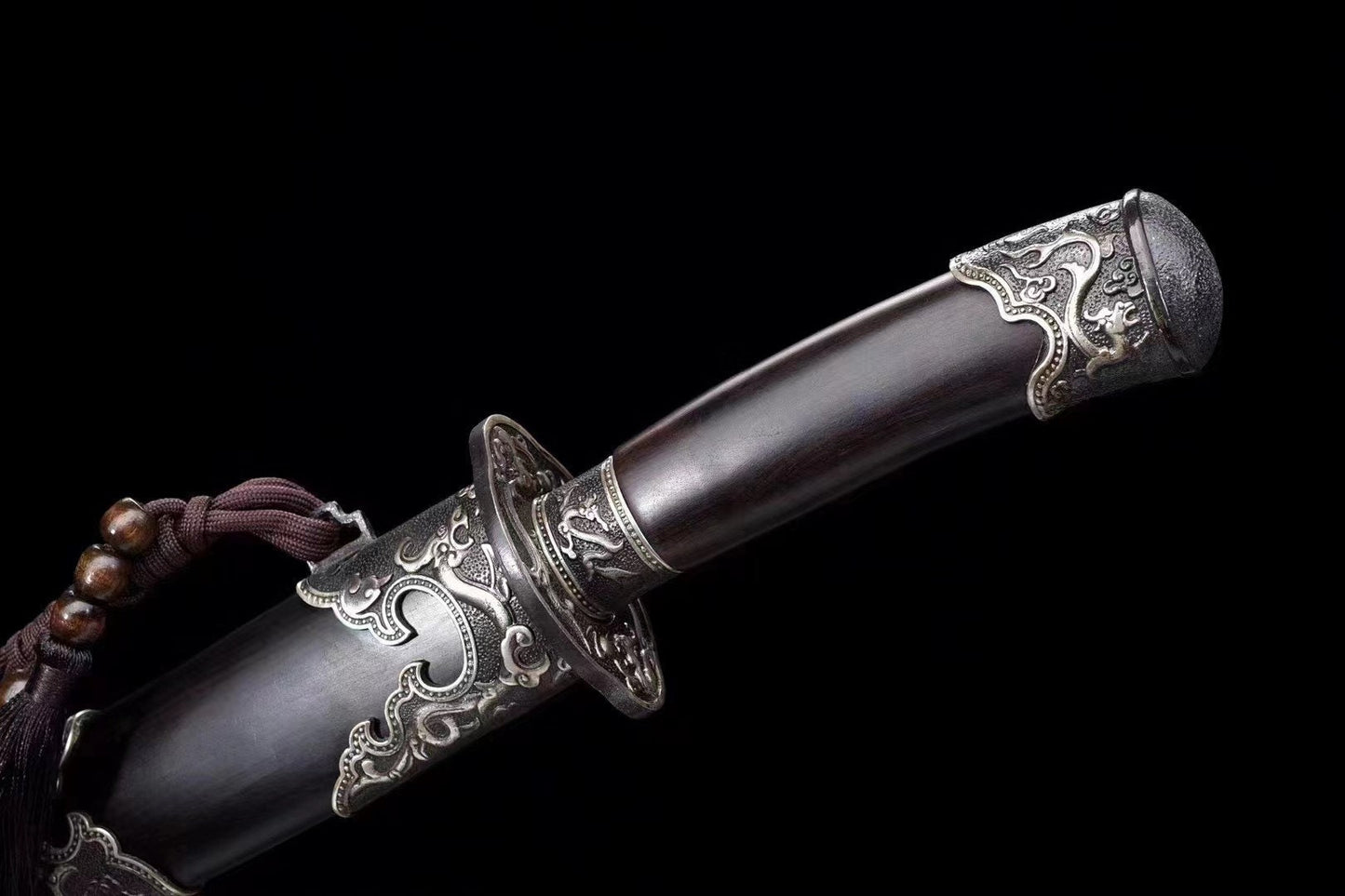 Chinese Damascus Steel Dao – Qing Dynasty Sword with Bronze Guard & Ebony Scabbard