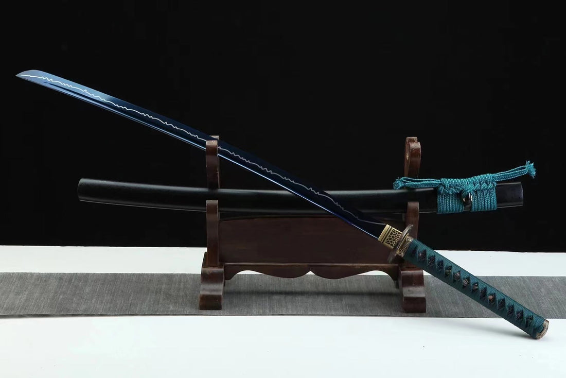 Close-up of a tool steel katana blade with visible polish