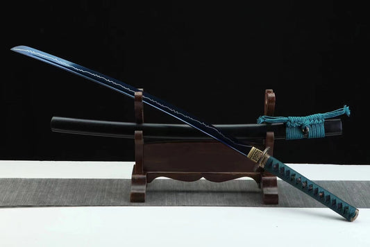 Close-up of a tool steel katana blade with visible polish