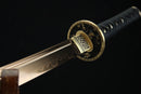 Close-up of a sword with a decorative hilt on a black background