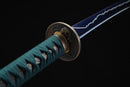 Green-brown cord-wrapped tsuka handle of Mizukagami katana with authentic fish skin samegawa and silver-plated menuki