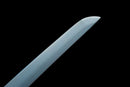 A close-up view of a sharp, pointed blade against a black background.