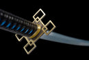 A close-up view of a sword with a gold-colored hilt and blue accents, against a black background.