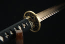 Close-up of a sword with a black handle and gold guard on a dark background