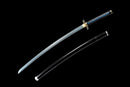 A blue and black sword with a black handle is shown against a black background.