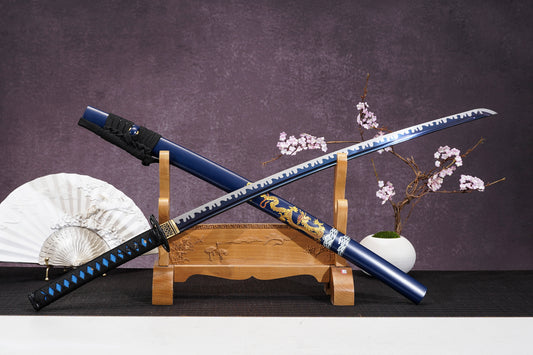 Black Dragon Katana – Manganese Steel Sword With Wave Hamon Pattern & Snake Tsuba