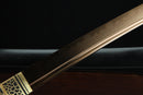 Close-up of a sword with a decorative hilt on a dark background