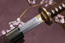 A close-up view of Moonswords Banrin Katana with Damascus steel blade