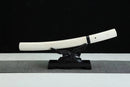 White curved Byakuga 白牙 Clay-Tempered T10 Steel Shirasaya Tantoon a black stand against a dark background