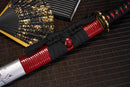 A close-up view of Moonswords Chi no bara Katana with red and white shealth.