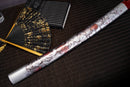 A close-up view of Moonswords Chi no bara Katana with white and red shealth.