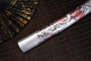 A close-up view of Moonswords Chi no bara Katana with white and red shealth.