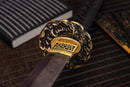 A photo of Moonswords Chi no bara Katana with a bronze guard, is shown against a dark, slatted bamboo mat background.