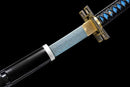 A close-up view of Demon Slayer Nichirin Metal Katana, with a black handle and blue accents, featuring intricate designs and patterns.