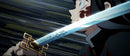A close-up of a person holding Demon Slayer Katana with a dark background and a focused expression on their face.