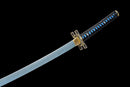 A photo of a Demon Slayer Nichirin Metal Katana in blue and black, with a gold-colored hilt, is shown against a black background.