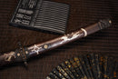 A close-up view of Moonswords Furin Kazan Katana with black shealth.