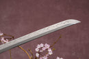 A close-up view of a Clay-Tempered T10 Steel blade against a textured background.