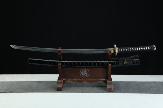 Complete Jaryū 邪龍 Evil Dragon katana 39.3 inches total length showing traditional Japanese sword construction with black lacquered scabbard