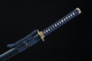 Navy blue cord-wrapped tsuka handle of Sōō katana with authentic fish skin samegawa and bronze menuki fittings