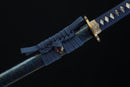 Blue-green-gold marblized wooden saya of Sōō katana with navy blue cord wrapping and traditional lacquered finish