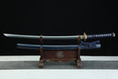 Complete Sōō 蒼桜 Blue Cherry Blossom katana 39.34 inches with blue-green-gold marblized scabbard and navy blue cording
