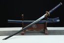 Complete Sōō 蒼桜 Blue Cherry Blossom katana 39.34 inches with blue-green-gold marblized scabbard and navy blue cording
