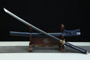 Complete Sōō 蒼桜 Blue Cherry Blossom katana 39.34 inches with blue-green-gold marblized scabbard and navy blue cording