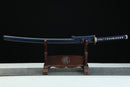 Complete Sōō 蒼桜 Blue Cherry Blossom katana 39.34 inches with blue-green-gold marblized scabbard and navy blue cording