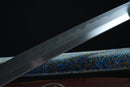 Clay-tempered Damascus steel blade of Sōō 蒼桜 katana displaying traditional Japanese forging with modern Damascus pattern