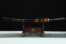 Complete Fūrai 風来 Wind's Arrival katana 39.34 inches with orange and black floral designed scabbard and black cording