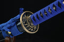 Sword with blue cord and decorative metal ring on a black background