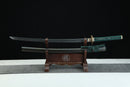 Two swords on a wooden stand with a dark background