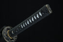 Sword sheath with black tsuba and silver inlay on a black background