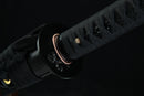 Close-up of a black sword handle with gold accents on a dark background