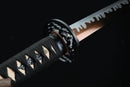 Close-up of a Japanese sword with a black sheath on a dark background
