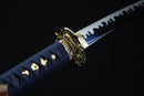 Sword with blue sheath and gold decorative elements on a black background