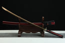 Sword with a wooden sheath on a stand against a black background