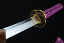 Sword with a purple handle and gold guard on a black background