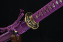 Close-up of a sword with purple scabbard and gold decorative elements on a black background