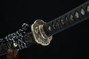 Sword with decorative black sheath on a dark background