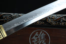 Sword with decorative sheath on a dark background
