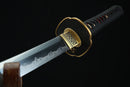 Japanese sword with a decorative handle on a black background