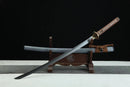 Sword with sheath on a stand against a black background
