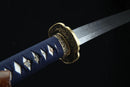 Sword with blue sheath featuring diamond patterns on a black background